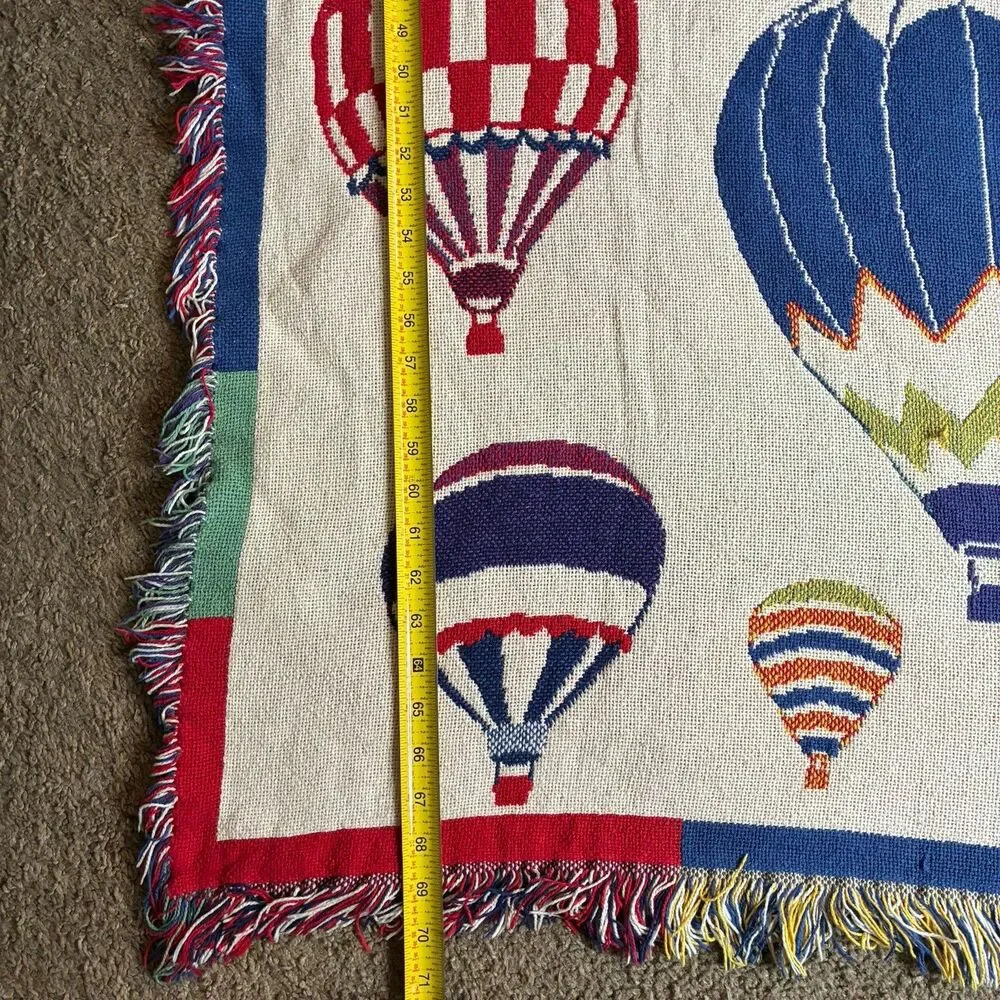 Hot Air Balloon Tapestry Cotton Blanket Throw w/Fringe 70”x46” Two Sided 1970s
